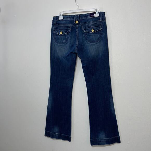 Vigoss Jeans Juniors 7 Flare Blue Stretch Denim Button Back Wide Cuff Distressed - Picture 8 of 10